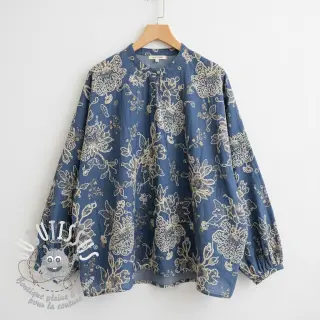 Tissu coton JEANS EMBROIDERY Bouquet blue