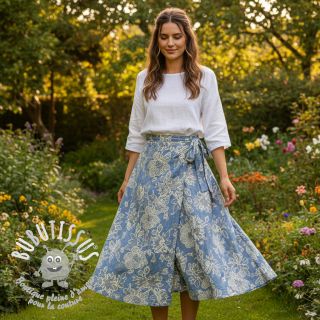 Tissu coton JEANS EMBROIDERY Bouquet light blue