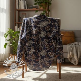 Tissu coton JEANS Embroidery leaves dark blue