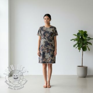 Tissu coton JEANS Embroidery leaves black