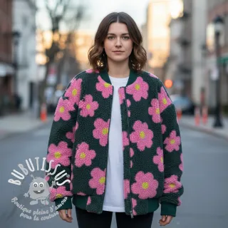Tissu de manteau TEDDY JACQUARD Flowers army green/pink