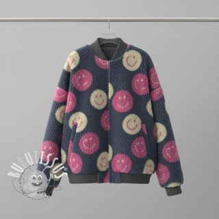 Tissu de manteau TEDDY JACQUARD Happy faces jeans