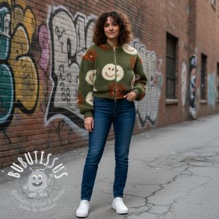 Tissu de manteau TEDDY JACQUARD Happy faces green