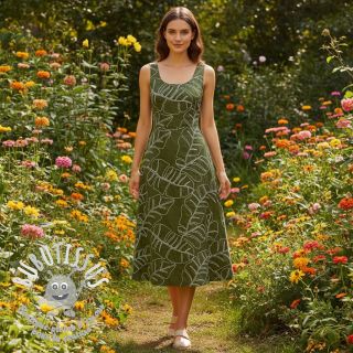 Viscose lin EMBROIDERY Leaves forest green