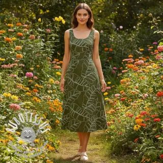 Viscose lin EMBROIDERY Leaves forest green