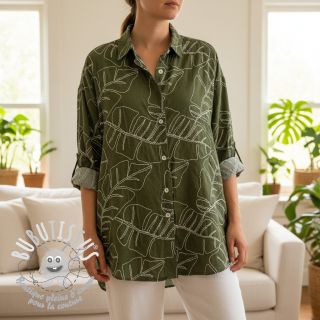 Viscose lin EMBROIDERY Leaves forest green