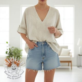 Viscose lin natural Leaves border