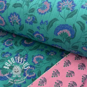 Tissu double gaze/mousseline STEPPED Flowers petrol