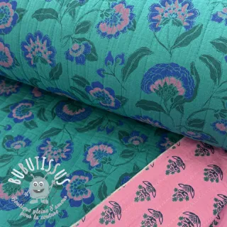 Tissu double gaze/mousseline STEPPED Flowers petrol