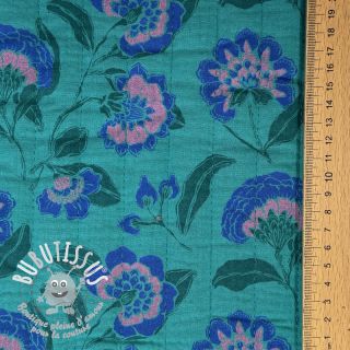 Tissu double gaze/mousseline STEPPED Flowers petrol