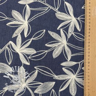 Tissu coton JEANS Embroidery Flowers white