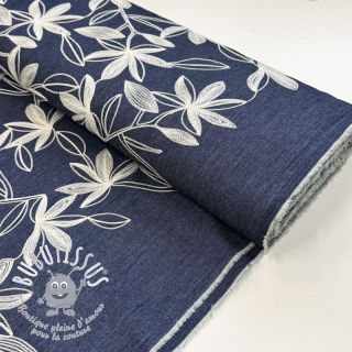 Tissu coton JEANS Embroidery Flowers white