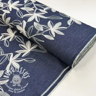 Tissu coton JEANS Embroidery Flowers white