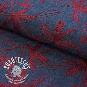 Tissu coton JEANS Embroidery Flowers burgundy