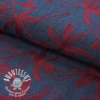 Tissu coton JEANS Embroidery Flowers burgundy
