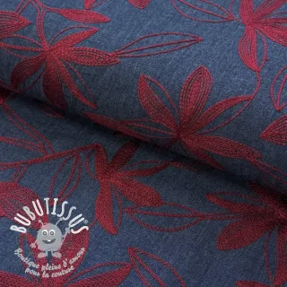 Tissu coton JEANS Embroidery Flowers burgundy