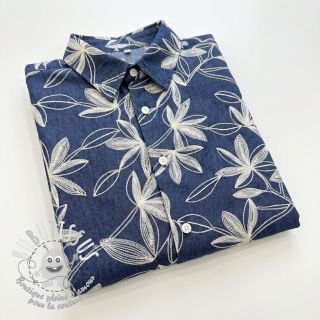 Tissu coton JEANS Embroidery Flowers white