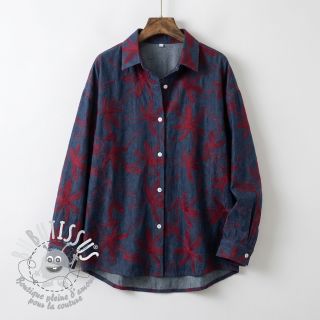 Tissu coton JEANS Embroidery Flowers burgundy