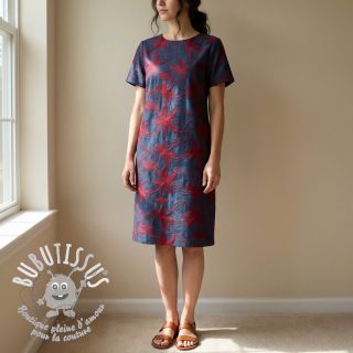 Tissu coton JEANS Embroidery Flowers burgundy