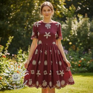 Tissu coton EMBROIDERY Sea ornaments bordeaux