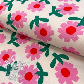 Tissu double gaze/mousseline Flowers natural/pink by JENNIFER BOURON ORGANIC