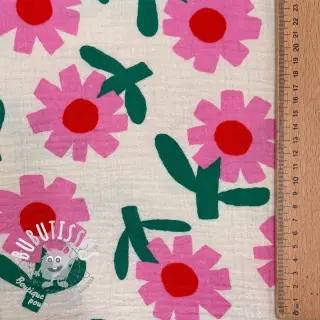Tissu double gaze/mousseline Flowers natural/pink by JENNIFER BOURON ORGANIC