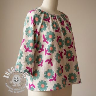 Tissu double gaze/mousseline Flowers green by JENNIFER BOURON ORGANIC