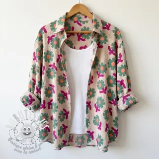 Tissu double gaze/mousseline Flowers green by JENNIFER BOURON ORGANIC