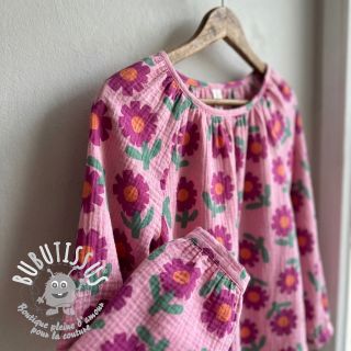 Tissu double gaze/mousseline Flowers pink by JENNIFER BOURON ORGANIC