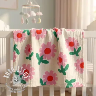 Tissu double gaze/mousseline Flowers natural/pink by JENNIFER BOURON ORGANIC