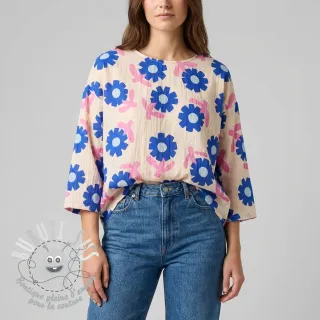Tissu double gaze/mousseline Flowers blue by JENNIFER BOURON ORGANIC