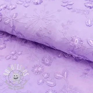 Tissu coton EMBROIDERY Catchy leaves purple