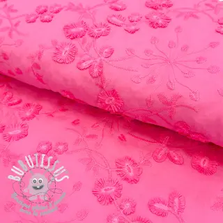Tissu coton EMBROIDERY Catchy leaves pink