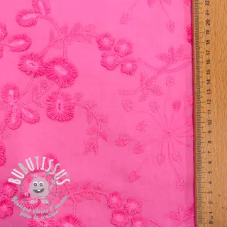 Tissu coton EMBROIDERY Catchy leaves pink