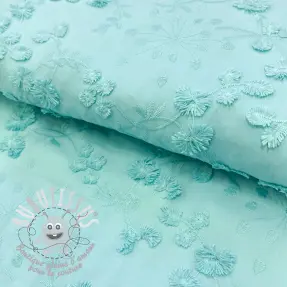 Bavlnená látka EMBROIDERY Catchy leaves aqua