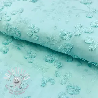 Tissu coton EMBROIDERY Catchy leaves aqua