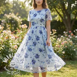 Tissu en coton avec un mélange EMBROIDERY Rose blue