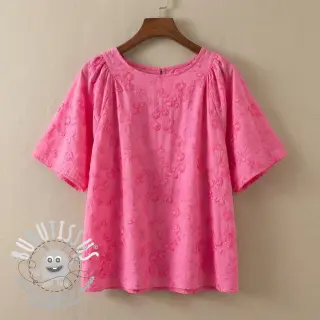 Tissu coton EMBROIDERY Catchy leaves pink