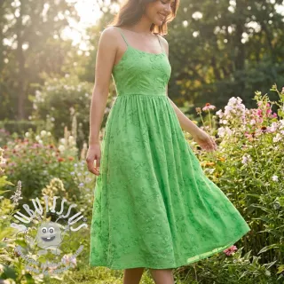 Tissu coton EMBROIDERY Catchy leaves green