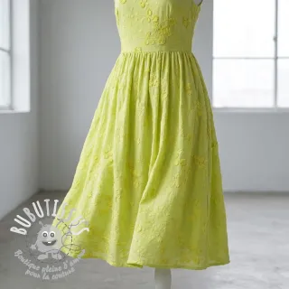 Tissu coton EMBROIDERY Catchy leaves lime
