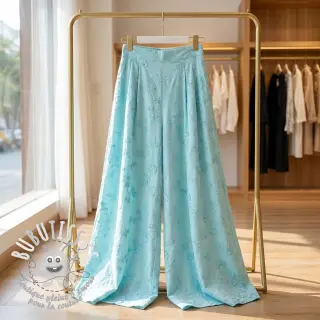 Tissu coton EMBROIDERY Catchy leaves aqua