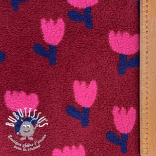Tissu de manteau TEDDY JACQUARD Tulips dark red