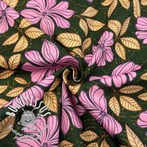 Tissu coton SATIN Autumn flowers dark green