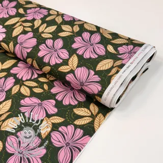 Tissu coton SATIN Autumn flowers dark green