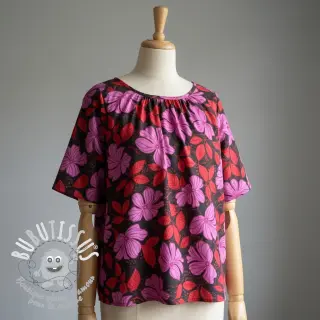 Tissu coton SATIN Autumn flowers dark red