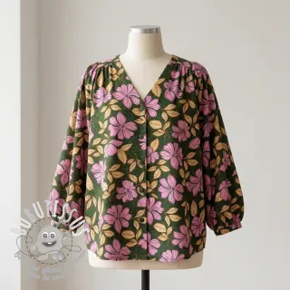 Tissu coton SATIN Autumn flowers dark green