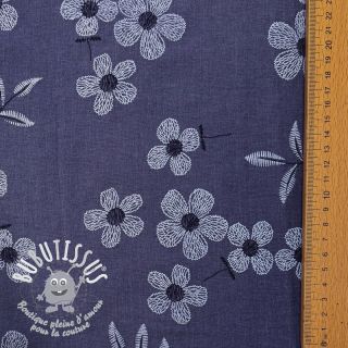 Tissu coton JEANS Chambre LUXURY JACQUARD Flowers dark blue
