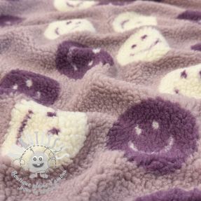 Tissu de manteau TEDDY JACQUARD Happy faces mauve