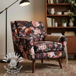 Tissu déco SLUB Bouquet burgundy digital print