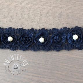 Ruban dentelle roses et perles navy